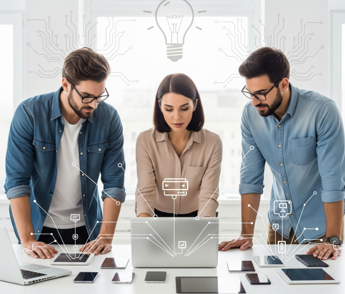 Three Canitcash founders/team members (two men, one woman) brainstorming around a table filled with laptops and mobile devices, with a lightbulb graphic overhead, symbolizing the innovative idea behind the company's start in electronics buyback.