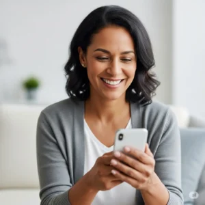 A genuinely smiling customer looking at their smartphone, representing the positive and trustworthy experience of selling electronics through Canitcash.