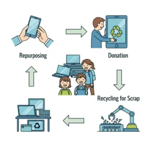 Infographic illustrating the Canitcash electronics lifecycle, showing steps for repurposing devices, donating functional items to those in need, and responsibly recycling non-functional electronics for scrap materials.