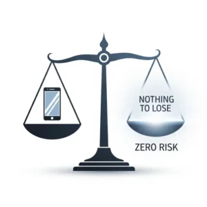 A modern graphic of perfectly balanced scales, with a stylized electronic device (smartphone) on one side and a glowing element representing 'zero risk' on the other, symbolizing Canitcash's fair and no-commitment return policy.