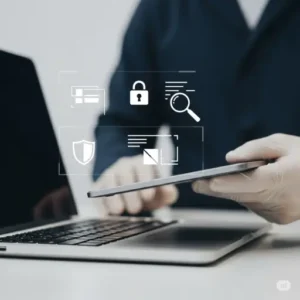 A gloved hand meticulously inspecting an electronic device (smartphone over laptop keyboard) with overlaid icons symbolizing data security (padlock, shield) and transparent inspection (magnifying glass), representing Canitcash's trusted electronics buyback process.