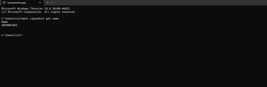 Screenshot of Windows Command Prompt WMIC Command