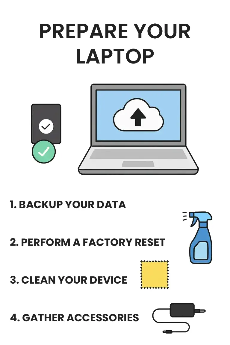 An illustration showing the four steps to prepare your laptop for selling: backing up data, performing a factory reset, cleaning the device, and gathering accessories.