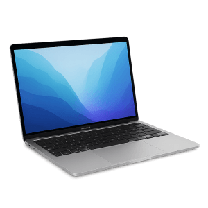 Photorealistic image of Apple MacBook Air 13-inch M2 in silver, open laptop with Monterey wallpaper