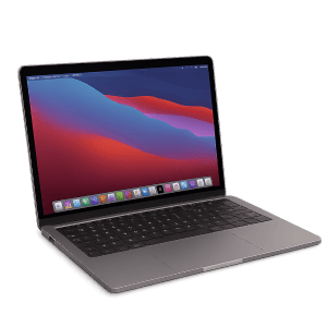 Photorealistic image of Apple MacBook Pro 13-inch in silver, compact design, open with Big Sur wallpaper