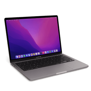 Photorealistic image of Apple MacBook Pro 14-inch and 16-inch models in space gray, open with notch and Sonoma wallpaper