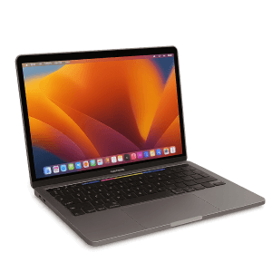 Photorealistic image of Apple MacBook Pro with Touch Bar in space gray, open laptop with Ventura wallpaper