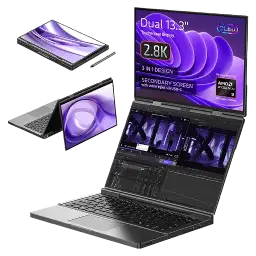 A 3D illustration of the GPD Duo, a dual-screen laptop, shown in three different positions to highlight its unique form factor.