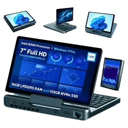 An illustration of the GPD MicroPC from various angles and screen views, highlighting its compact size and features,