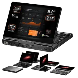 Digital graphic representing GPD Pocket series mini laptops available for trade-in and resale.