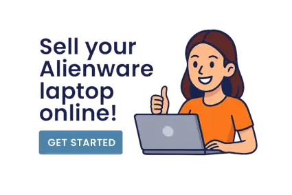 Illustration of a woman with a laptop giving a thumbs up next to the text Sell your Alienware laptop online and Get Started button.