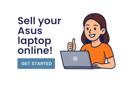 Illustration of a woman with a laptop giving a thumbs up next to the text Sell your Asus laptop online and Get Started button.