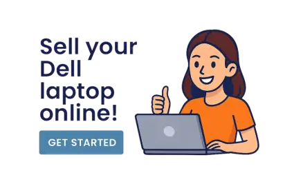 Illustration of a woman with a laptop giving a thumbs up next to the text Sell your Dell laptop online and Get Started button.