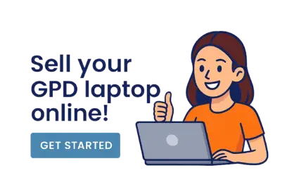 Illustration of a smiling person with a laptop giving a thumbs up next to the text “Sell your GPD laptop online!” and a Get Started button.
