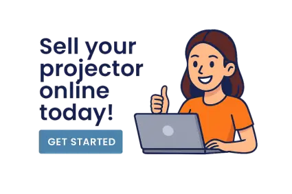 Illustration of a smiling person with a laptop giving a thumbs up, with text "Sell your projector online today" promoting Canitcash instant quotes and free shipping.