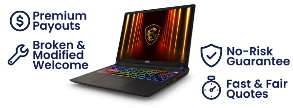 MSI gaming laptop with a rainbow keyboard, illustrating the benefits of selling to Canitcash, including premium payouts, accepting broken laptops, and a risk-free guarantee.