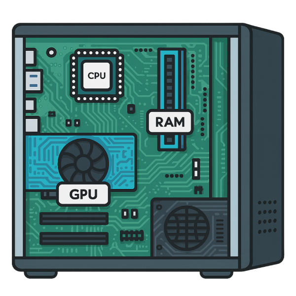 Diagram of a desktop PC interior showing labeled CPU, GPU, and RAM components on the motherboard.