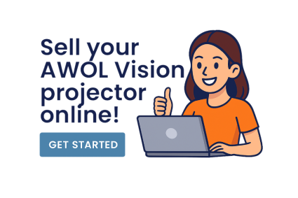 Illustration of a woman with a laptop giving a thumbs up next to the text Sell your AWOL Vision projector online and Get Started button.