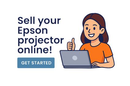Illustration of a woman with a laptop giving a thumbs up next to the text Sell your Epson projector online and Get Started button.