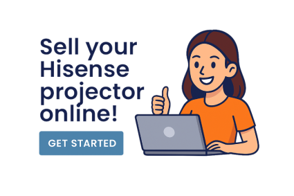 Illustration of a woman with a laptop giving a thumbs up next to the text Sell your Hisense projector online and Get Started button.