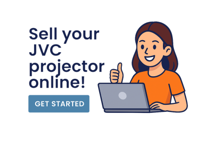 Illustration of a woman with a laptop giving a thumbs up next to the text Sell your JVC projector online and Get Started button.