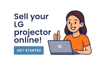 Illustration of a woman with a laptop giving a thumbs up next to the text Sell your LG projector online and Get Started button.