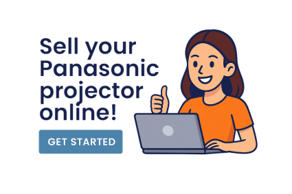 Illustration of a woman with a laptop giving a thumbs up next to the text Sell your Panasonic projector online and Get Started button.