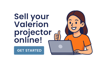 Illustration of a woman with a laptop giving a thumbs up next to the text Sell your Valerion projector online and Get Started button.