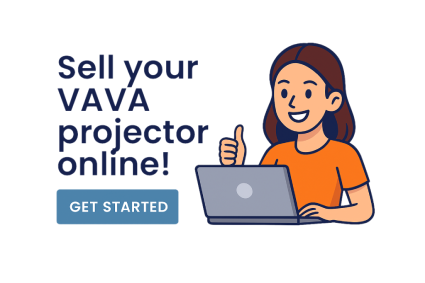 Illustration of a woman with a laptop giving a thumbs up next to the text Sell your VAVA projector online and Get Started button.