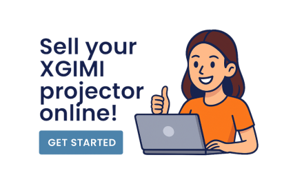 Illustration of a woman with a laptop giving a thumbs up next to the text Sell your XGIMI projector online and Get Started button.