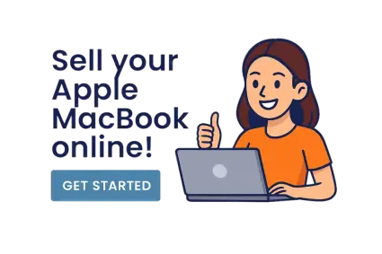 Illustration of a woman with a laptop giving a thumbs up next to the text Sell your Apple MacBook online and Get Started button.