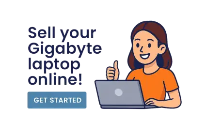 Illustration of a woman with a laptop giving a thumbs up next to the text Sell your Gigabyte laptop online and Get Started button.