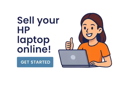 Illustration of a woman with a laptop giving a thumbs up next to the text Sell your HP laptop online and Get Started button.