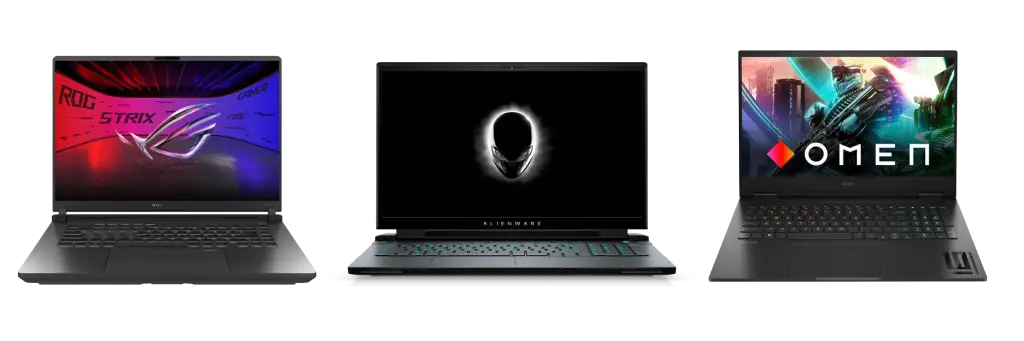 Three high-performance gaming laptops, including an ASUS ROG Strix, an Alienware, and an HP OMEN, displayed side-by-side to illustrate selling used gaming hardware.