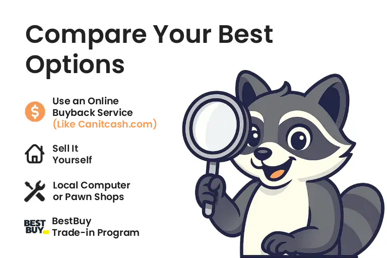 Chart comparing the best ways to sell used tech featuring Cash the Raccoon. Options listed include: 1. Use an Online Buyback Service (like Canitcash.com), 2. Sell It Yourself, 3. Local Computer or Pawn Shops, and 4. Best Buy Trade-In Program.