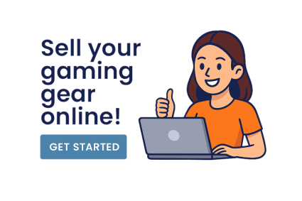 Illustration of a smiling person with a laptop giving a thumbs up, with text "Sell your gaming gear online" promoting Canitcash instant quotes and free shipping.