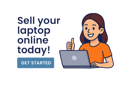 Illustration of a smiling woman with a laptop giving a thumbs up next to text that says “Sell your laptop online today!” with a blue button reading “Sell Your Laptop.”