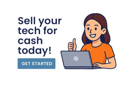 Illustration of a smiling person holding a laptop and giving a thumbs up. Text reads "Sell your tech for cash today!" with a "Get Started" button.