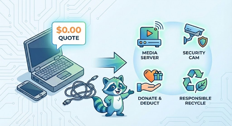 CanItCash raccoon mascot showing 4 ways to repurpose old electronics after receiving a $0 quote, including recycling and donation.