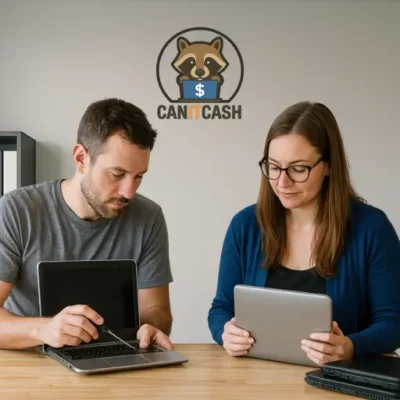 Two Canitcash team members inspecting and handling laptops, showcasing the professional and trustworthy service behind our electronics buyback.