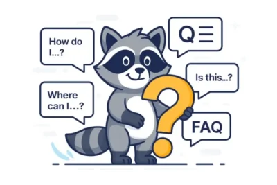 Cartoon raccoon mascot holding a big question mark surrounded by FAQ speech bubbles, representing frequently asked questions on selling Apple MacBooks.