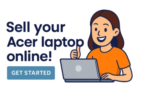 Illustration of a woman with a laptop giving a thumbs up next to the text Sell your Acer laptop online and Get Started button.