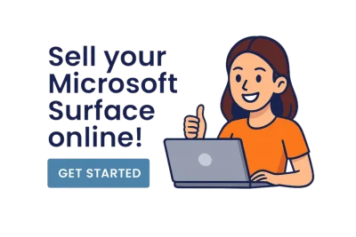 Illustration of a woman with a laptop giving a thumbs up next to the text Sell your Microsoft Surface online and Get Started button.