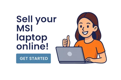 Illustration of a woman with a laptop giving a thumbs up next to the text Sell your MSI laptop online and Get Started button.