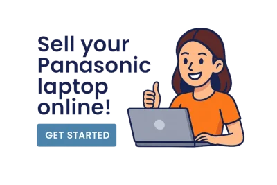 Illustration of a woman with a laptop giving a thumbs up next to the text Sell your Panasonic Toughbook online and Get Started button.