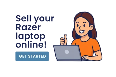 Illustration of a woman with a laptop giving a thumbs up next to the text Sell your Razer laptop online and Get Started button.