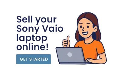 Illustration of a woman with a laptop giving a thumbs up next to the text Sell your Sony laptop online and Get Started button.