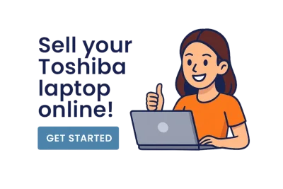 Illustration of a woman with a laptop giving a thumbs up next to the text Sell your Toshiba Dynabook laptop online and Get Started button.