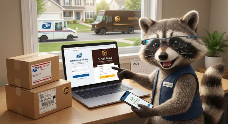 The CanItCash raccoon mascot wearing smart glasses inside a home office, pointing to a laptop screen showing both USPS "Schedule a Pickup" and UPS "On-Call Pickup" webpages. Next to the laptop are stacked shipping boxes labeled for Priority Mail and UPS Ground, while USPS and UPS delivery trucks drive by outside the window.