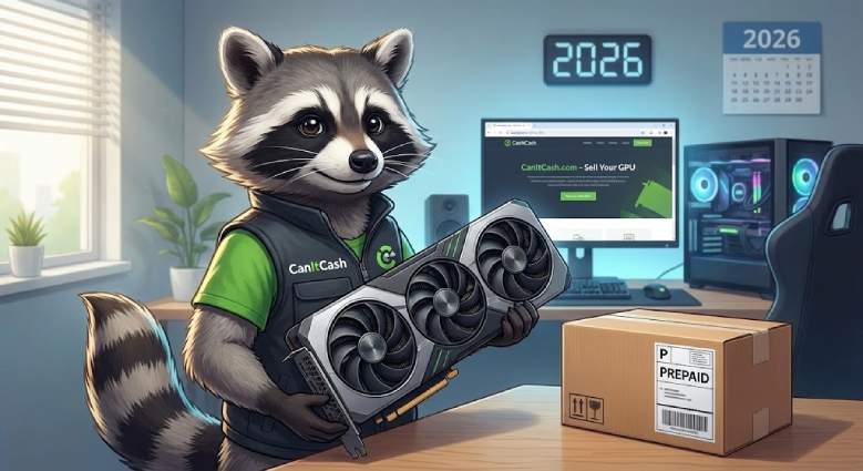 A raccoon mascot wearing a CanItCash vest holds a large graphics card next to a prepaid shipping box, with a gaming PC and the CanItCash website on a monitor in the background, indicating a hassle-free way to sell used GPUs in 2026.